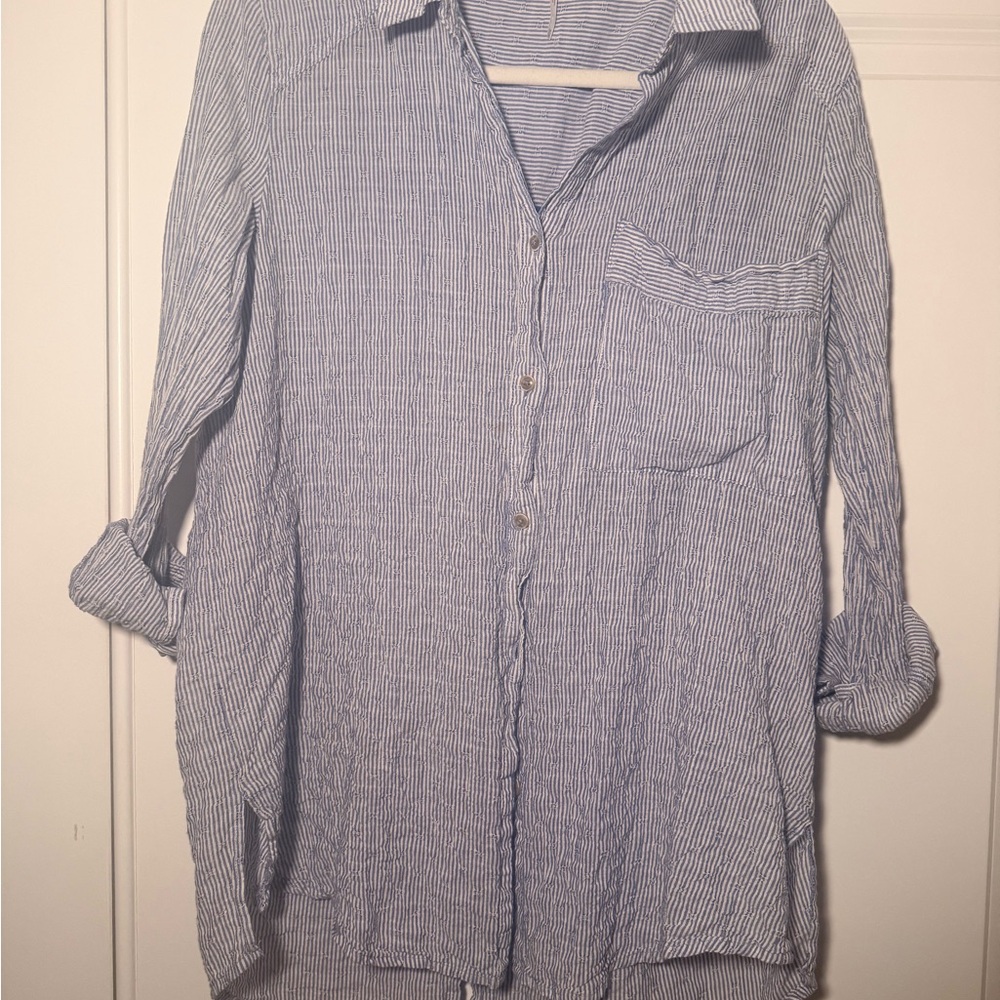 Free People Blue and White Striped Button Down Shirt